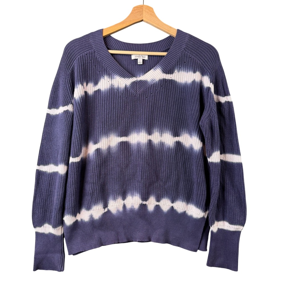 Johnny Was Women's Blue White Tie Dye 100% Cotton Ribbed V-Neck Sweater Size S